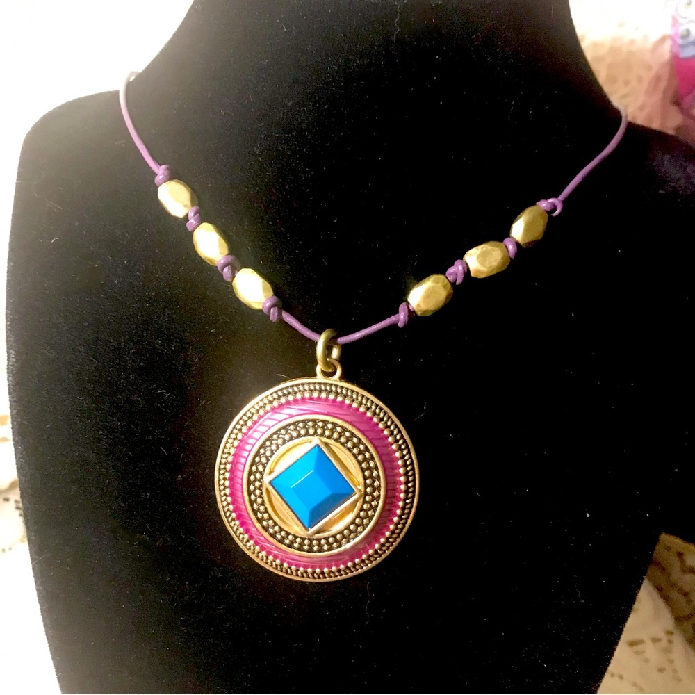 LIa Sophia purple corded Medallion necklace. Bohemian and long length of 26”.